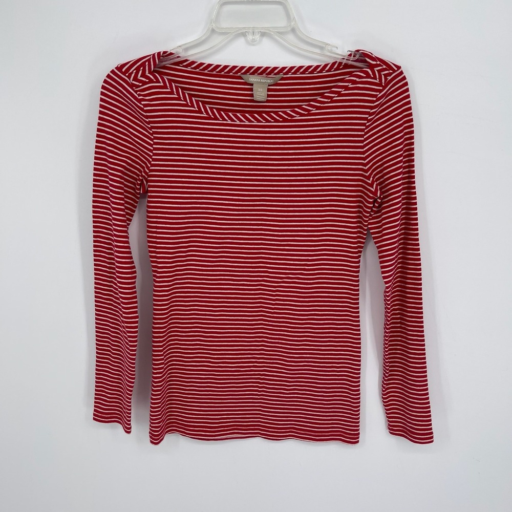 Banana Republic Women's Red Striped Boat Neck Stretch Long Sleeve Top Size XS